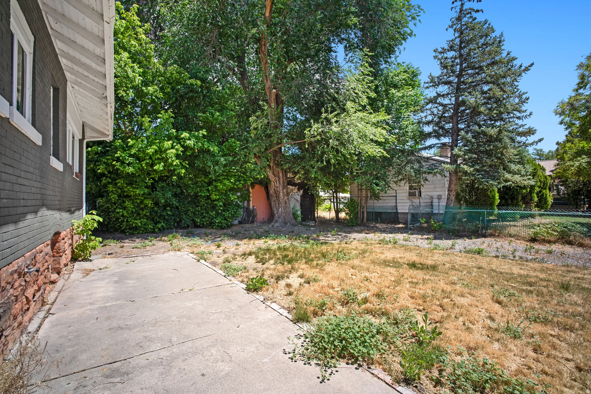Expansive outdoor space featuring a concrete patio, mature trees, and natural landscaping