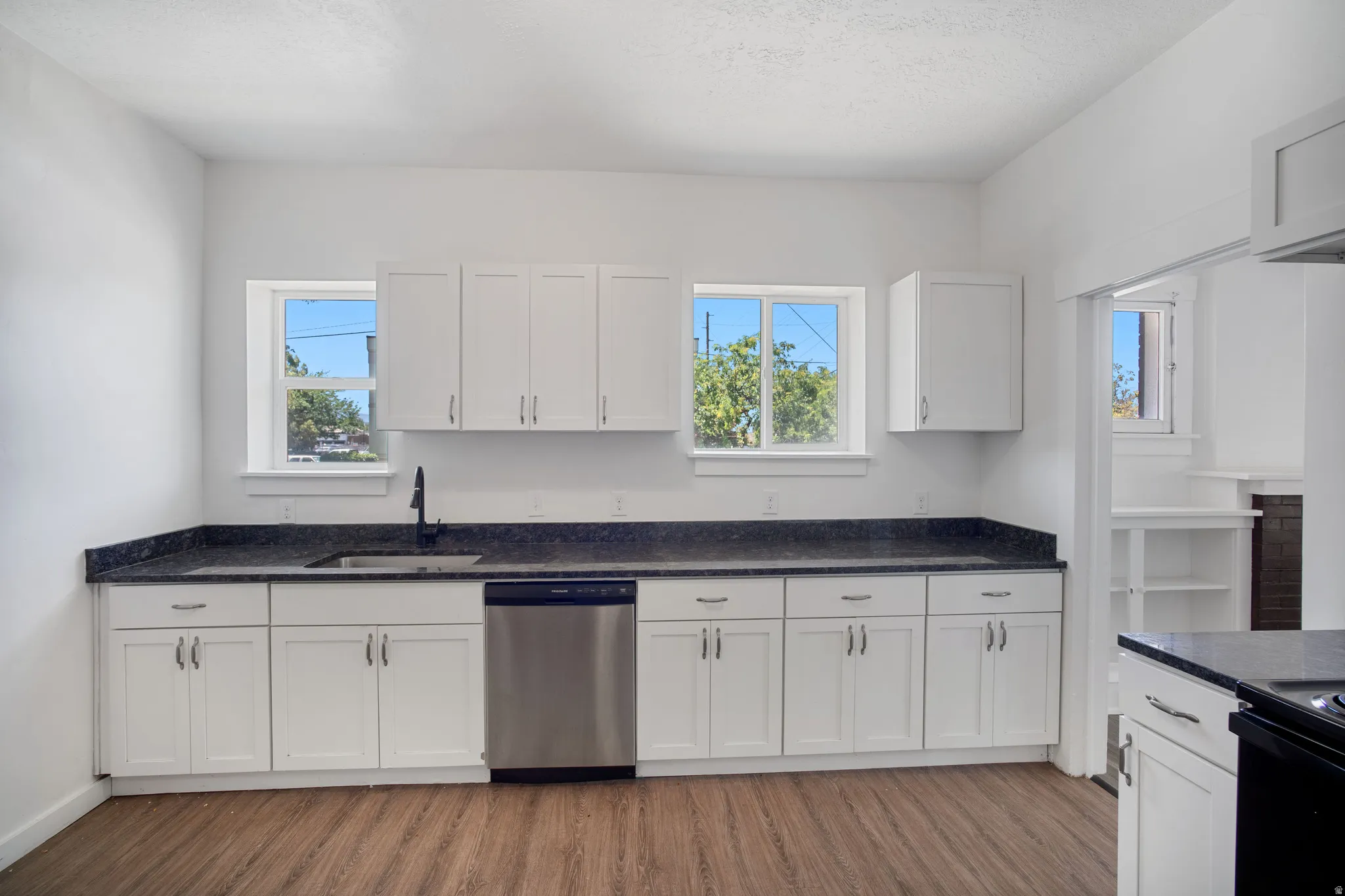 Kitchen featuring white shaker cabinetry, dark countertops, a stainless steel dishwasher, wood-finish flooring, and two windows