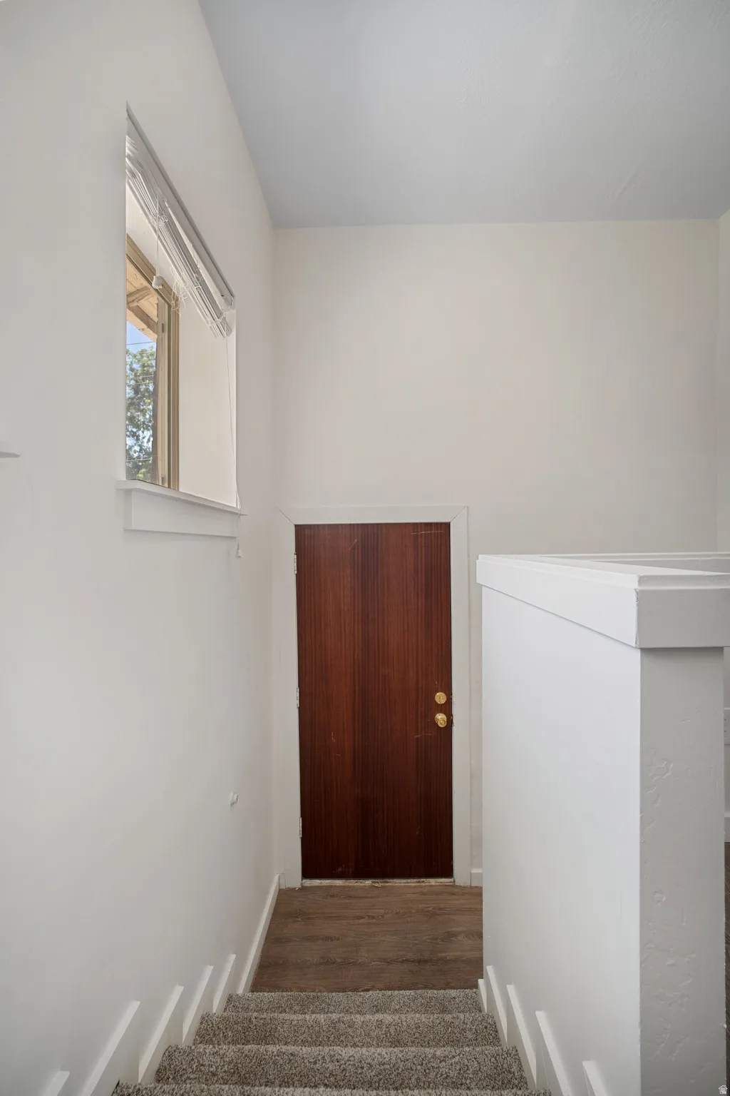Carpeted staircase with white risers leading to a wood-finish door with brass hardware