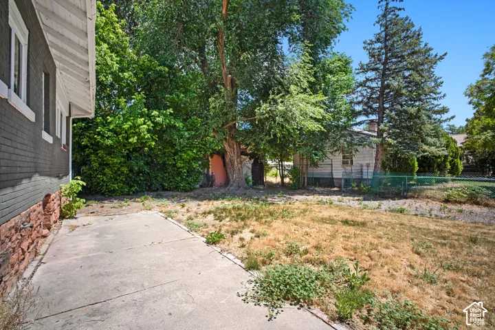 Expansive outdoor space featuring a concrete patio, mature trees, and natural landscaping