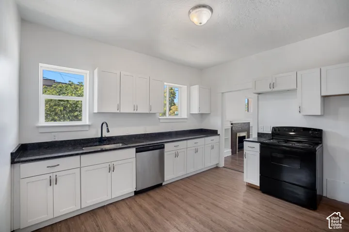 Modern kitchen featuring wood-finish flooring, white cabinetry, dark countertops, and a stainless steel dishwasher