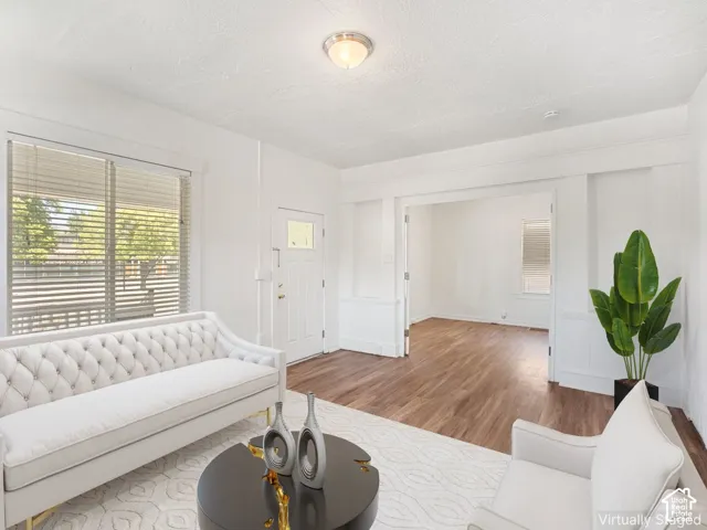Living area featuring wood-finish flooring, a white paneled entry door with frosted glass, and white window blinds