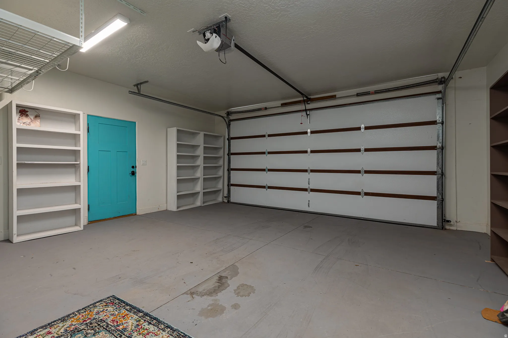 Spacious garage featuring a large overhead door, an automatic garage door opener, overhead lighting, and a brightly colored interior door