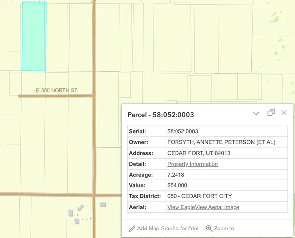 Property Parcel Information. Displaying identifying details, ownership, address, acreage, assessed value, and tax district for the property