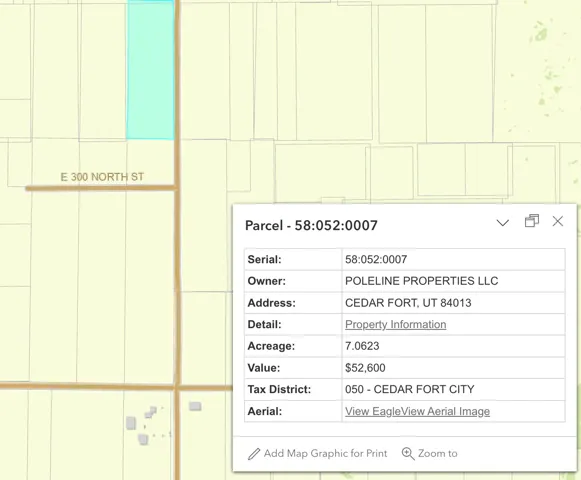 Parcel Information Overlay. Displaying property serial, owner, address, acreage, value, and tax district for the property