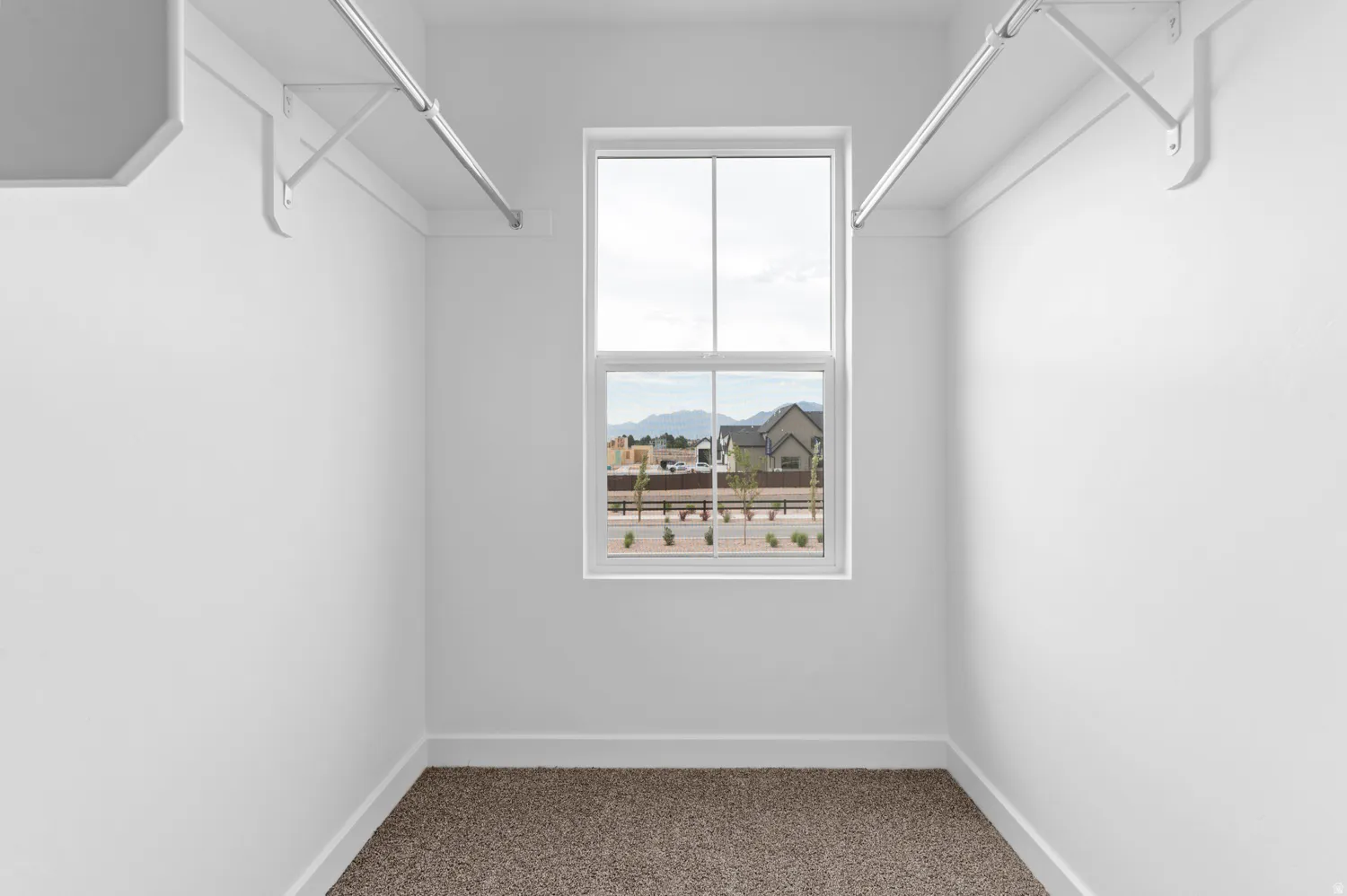 Closet space featuring a double-hung window, white walls, carpet flooring, and white trim
