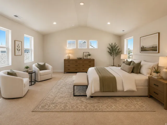 Vaulted ceiling bedroom with light-colored carpeting, multiple windows for natural light, and recessed lighting