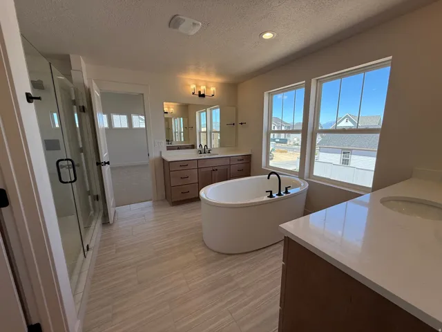 Spacious bathroom featuring a freestanding soaking tub, dual vanities with white countertops, a large glass-enclosed shower, and wood-finish flooring