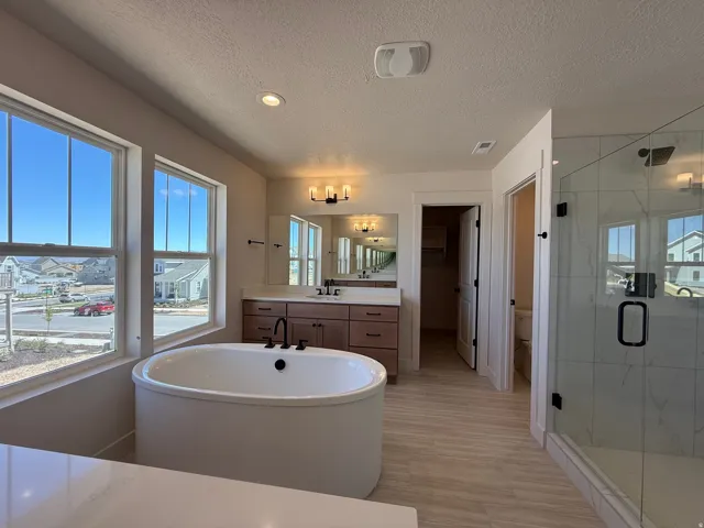 Freestanding soaking tub with dark fixtures, dual sink vanity with dark wood cabinetry, walk-in shower with glass enclosure, light wood-finish flooring, and multiple windows