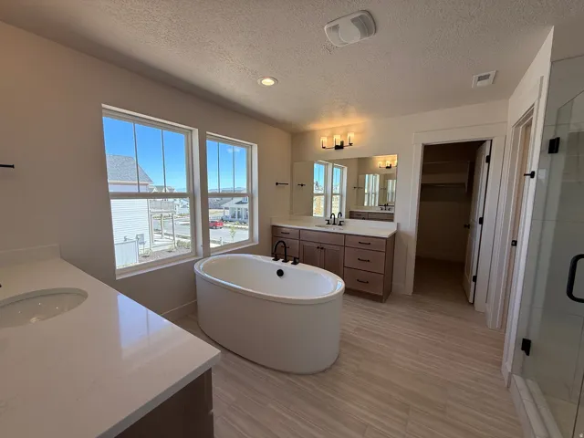 Spacious bathroom featuring a freestanding soaking tub, dual vanity with quartz countertops, wood-finish flooring, and a glass-enclosed shower