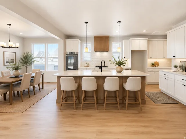 Kitchen featuring a large central island with seating, pendant lighting, white cabinetry, integrated double ovens, and wood-finish flooring extending into the dining area