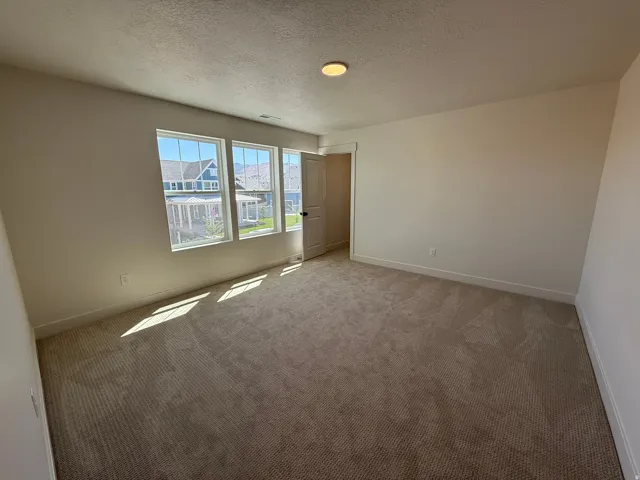 Neutral tone wall paint, contemporary carpet flooring, and three natural light windows
