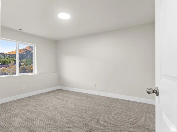 Light-filled room featuring a large window with mountain scenery, neutral-toned carpeting, white baseboards, and a circular ceiling light fixture