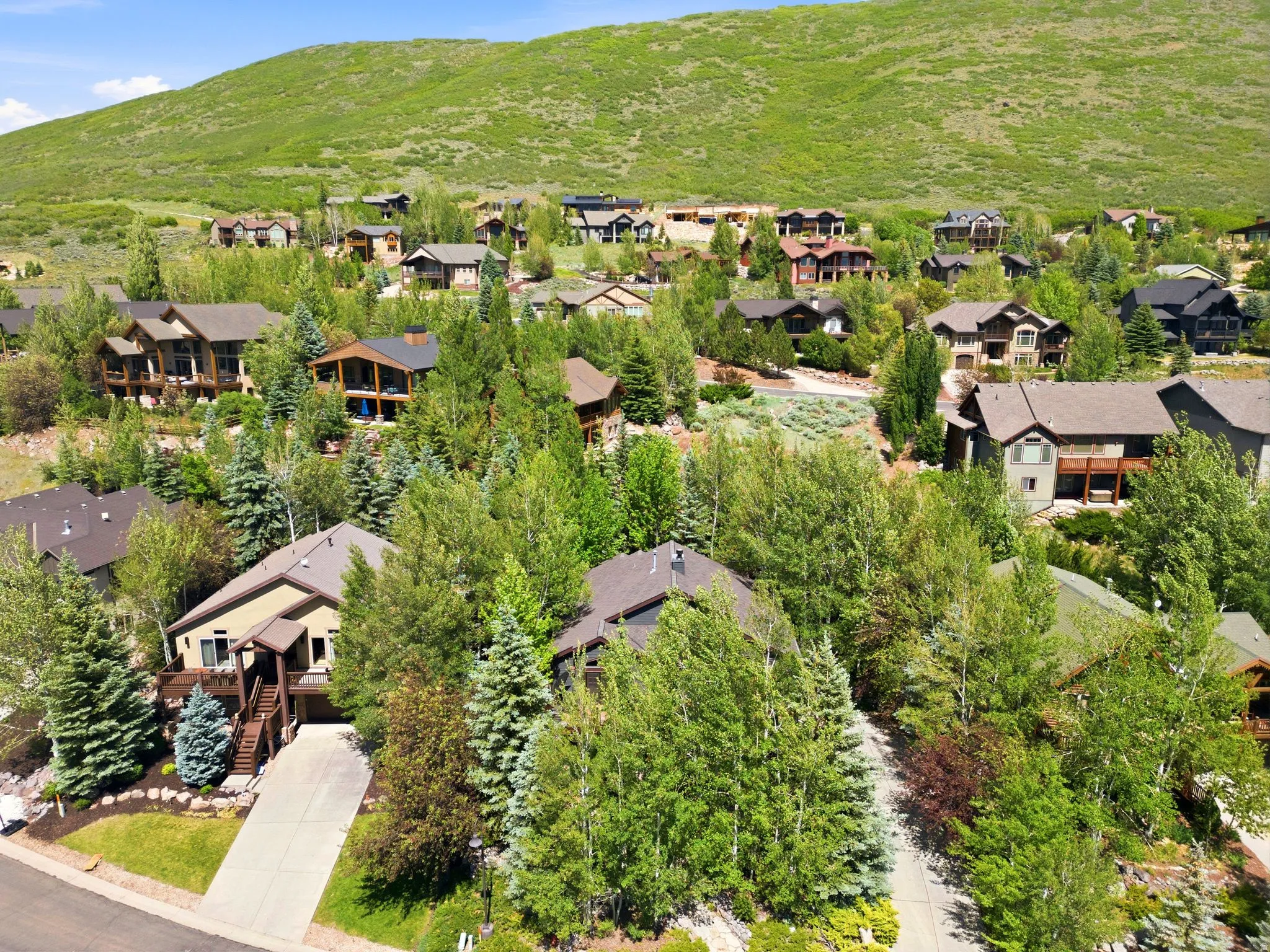 Residential community featuring multiple homes set against a green hillside backdrop
