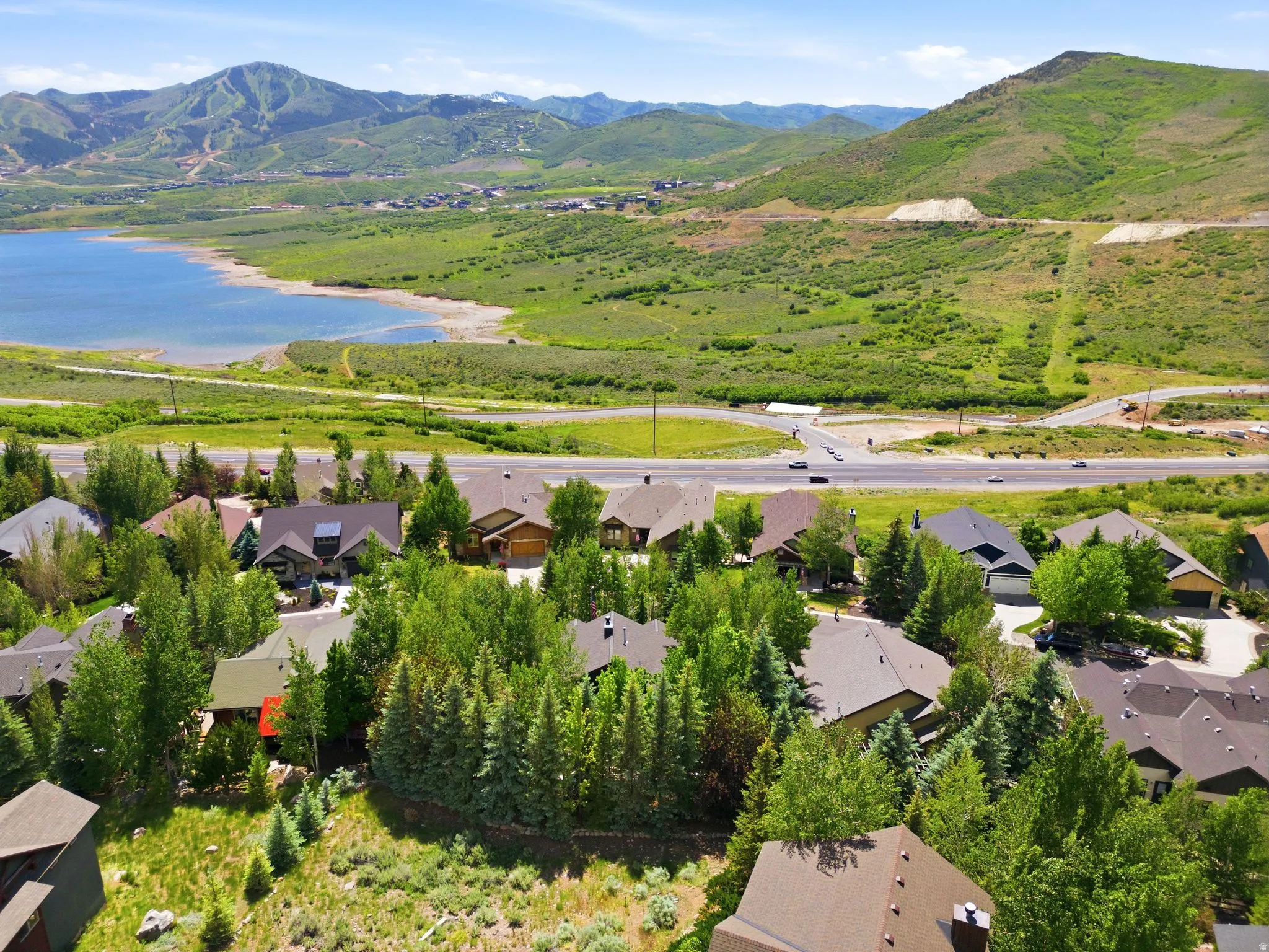 Aerial perspective showcasing a residential community amidst lush greenery