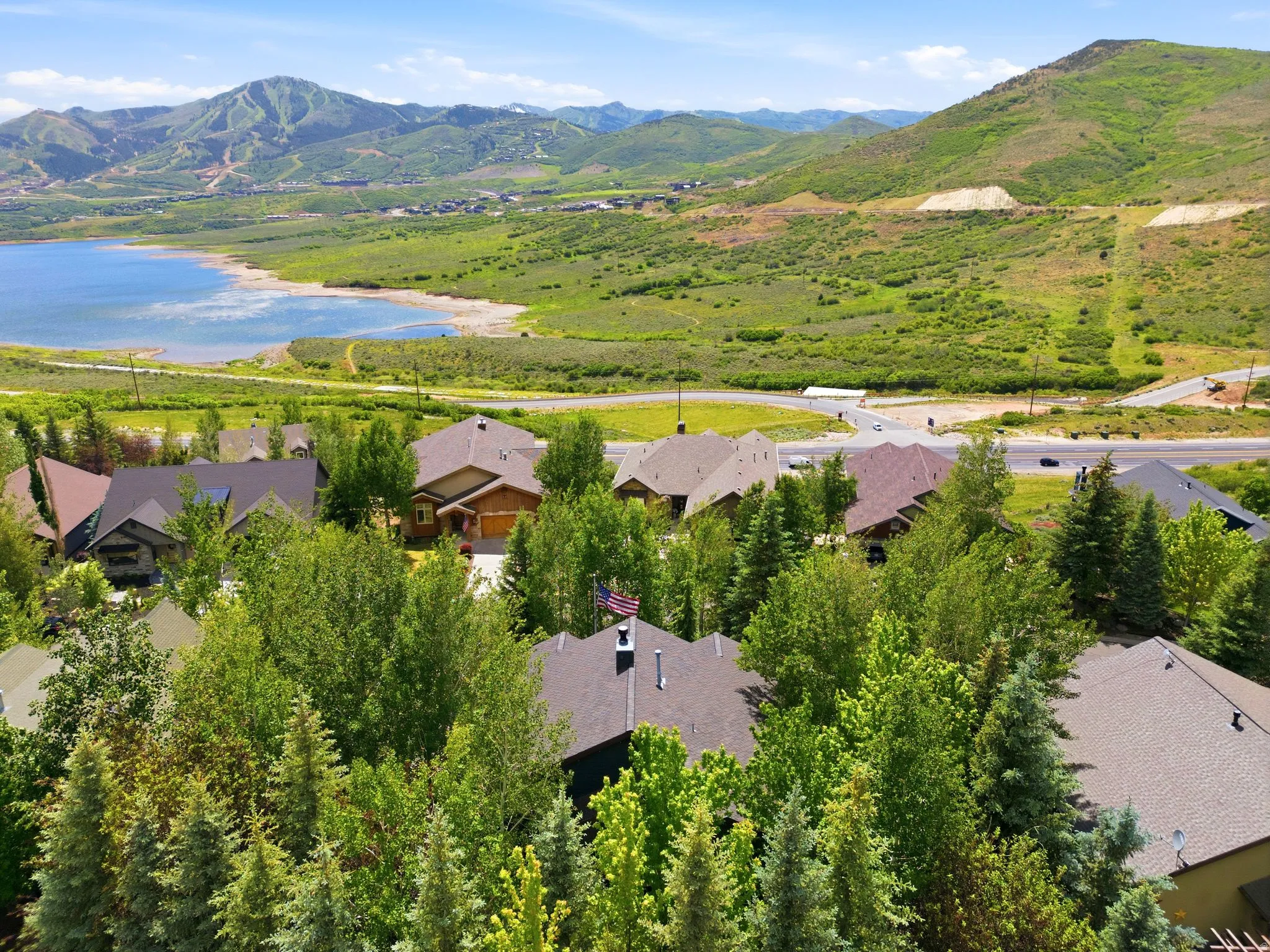 Aerial perspective showcasing multiple properties nestled among mature trees