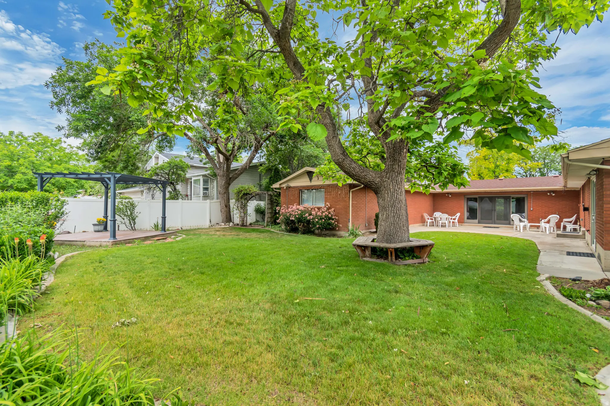Expansive green lawn with mature trees