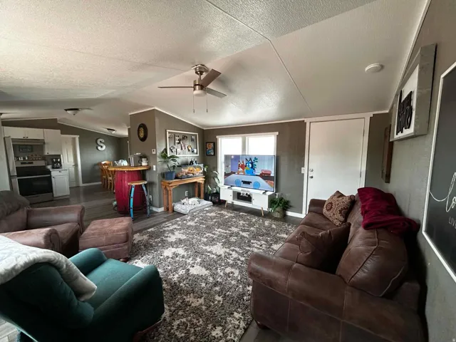 Open-concept living space featuring wood-finish flooring, a ceiling fan, and painted walls