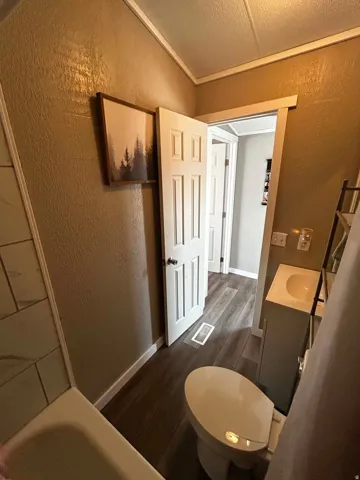 Bathroom featuring wood-finish flooring, a white vanity with an integrated sink, and a commode