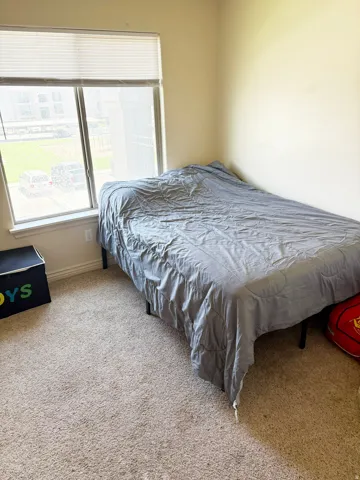 Room featuring neutral wall tones, carpet flooring, a large window, and blinds