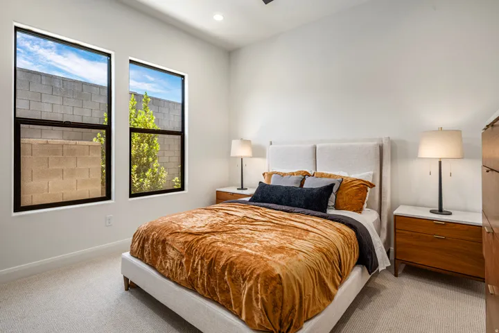 Bright bedroom featuring two vertical windows with black trim, light neutral carpet, and recessed ceiling lighting