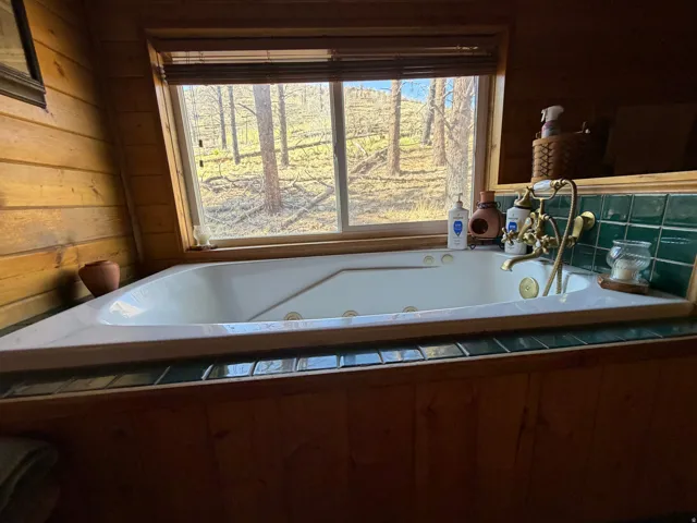 Jetted tub with brass fixtures and green tile surround, set against wood-paneled walls