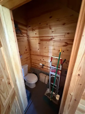 Compact lavatory featuring natural wood paneling, a standard white toilet, dark flooring, and a wall-mounted light fixture