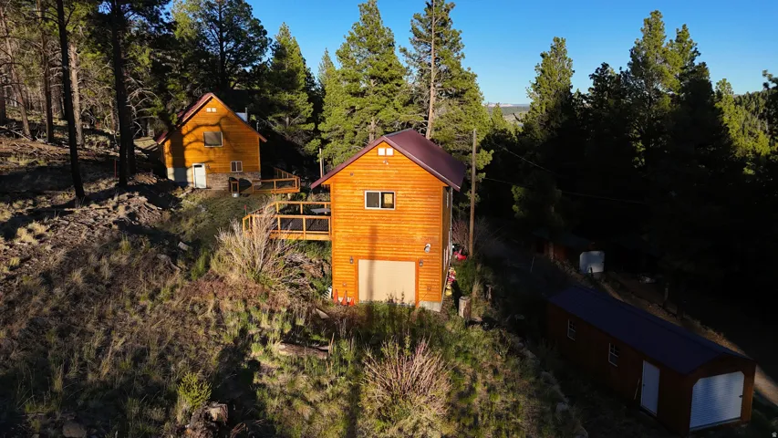 Wood-sided dwelling with a brown roof, featuring a two-car garage with a light-colored door
