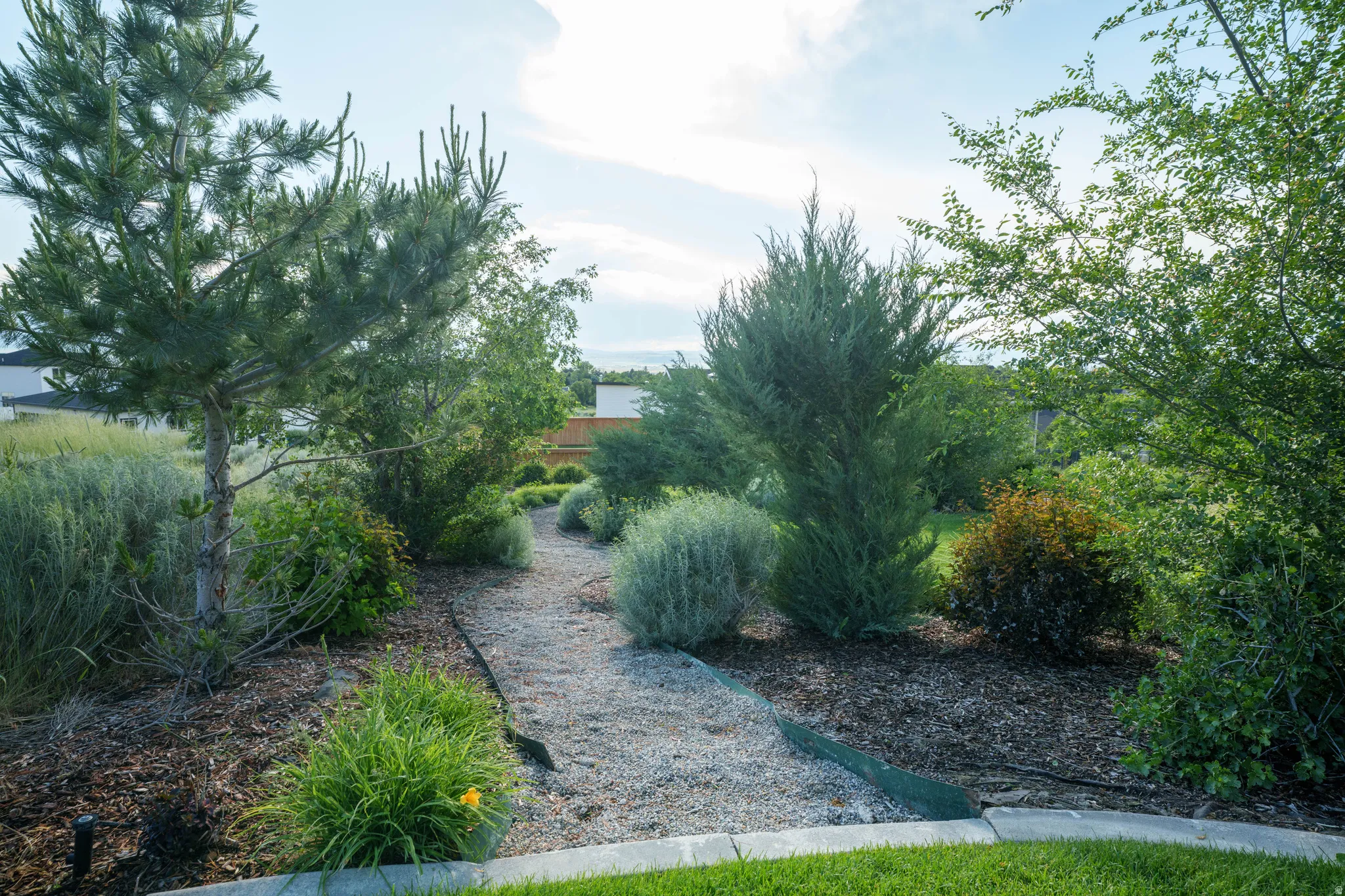 Landscaped backyard featuring a winding gravel path, diverse plantings, and established trees