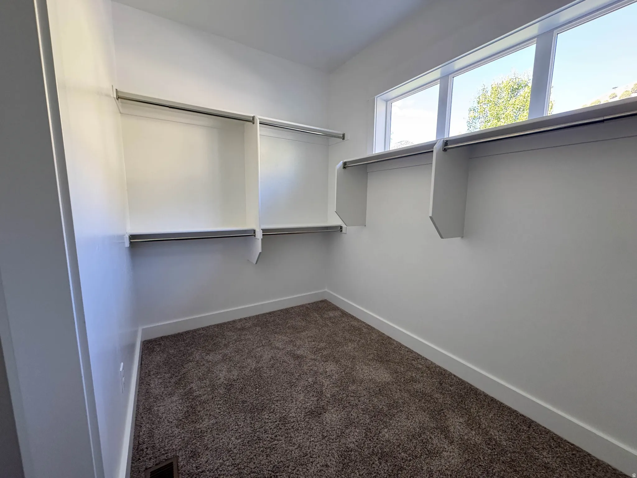 Walk-in closet featuring built-in shelving, chrome hanging rods, a high horizontal window, white walls, and dark brown carpeting