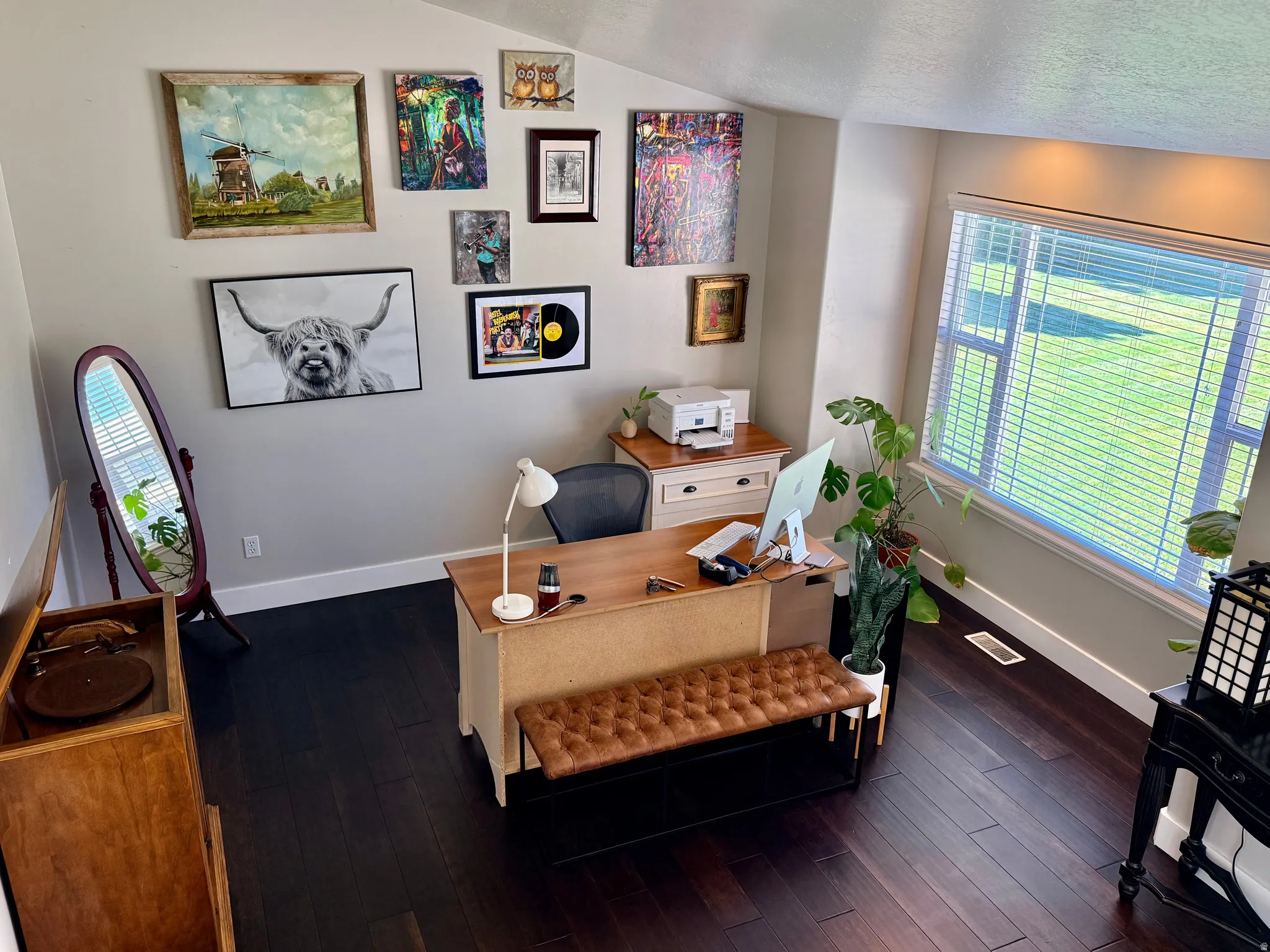 Bright room with dark wood-finish flooring