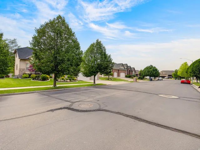 Residential street featuring paved roadways and mature trees