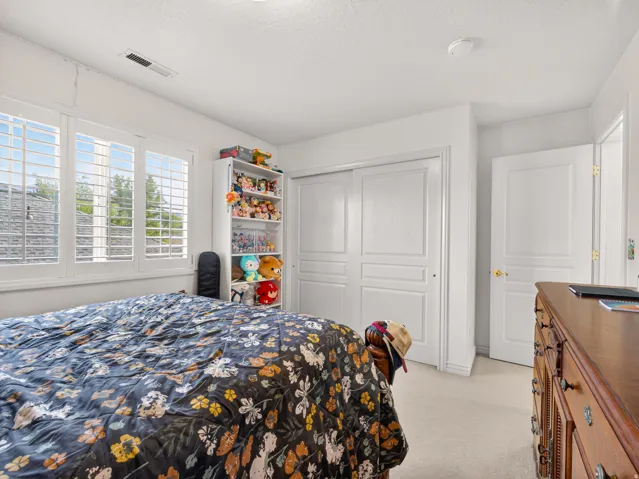 Bedroom featuring multiple windows with louvered shutters, light-toned carpet flooring, white paneled closet doors, and a solid core door