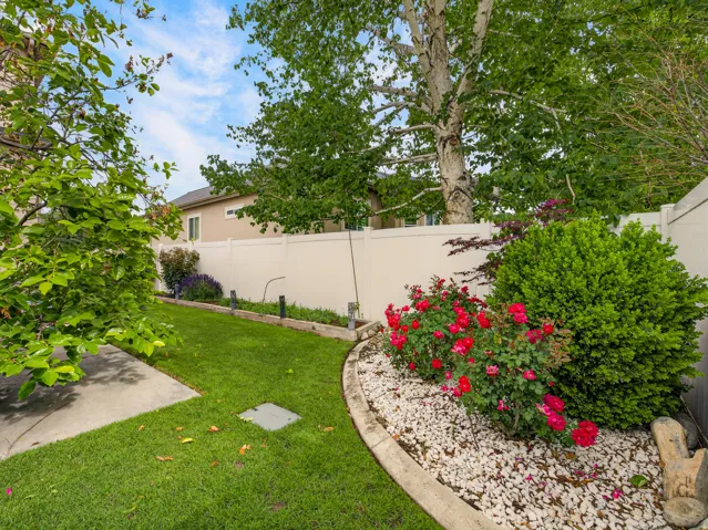 Expansive outdoor space featuring a manicured lawn, concrete patio, and mature trees