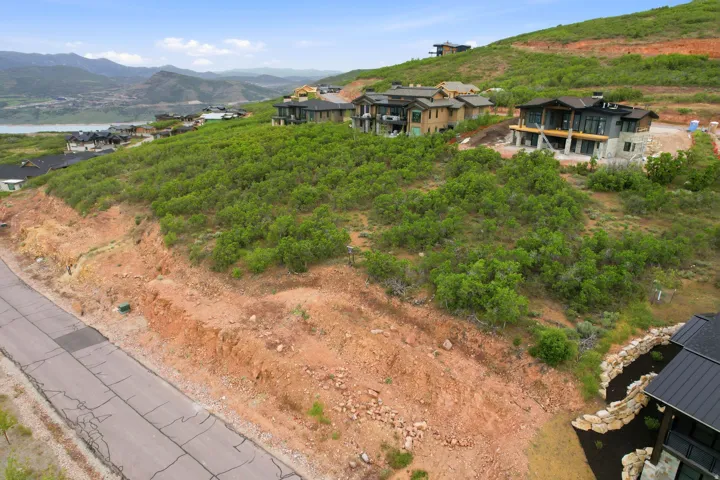 Expansive sloped lot featuring natural shrubbery and a paved road frontage
