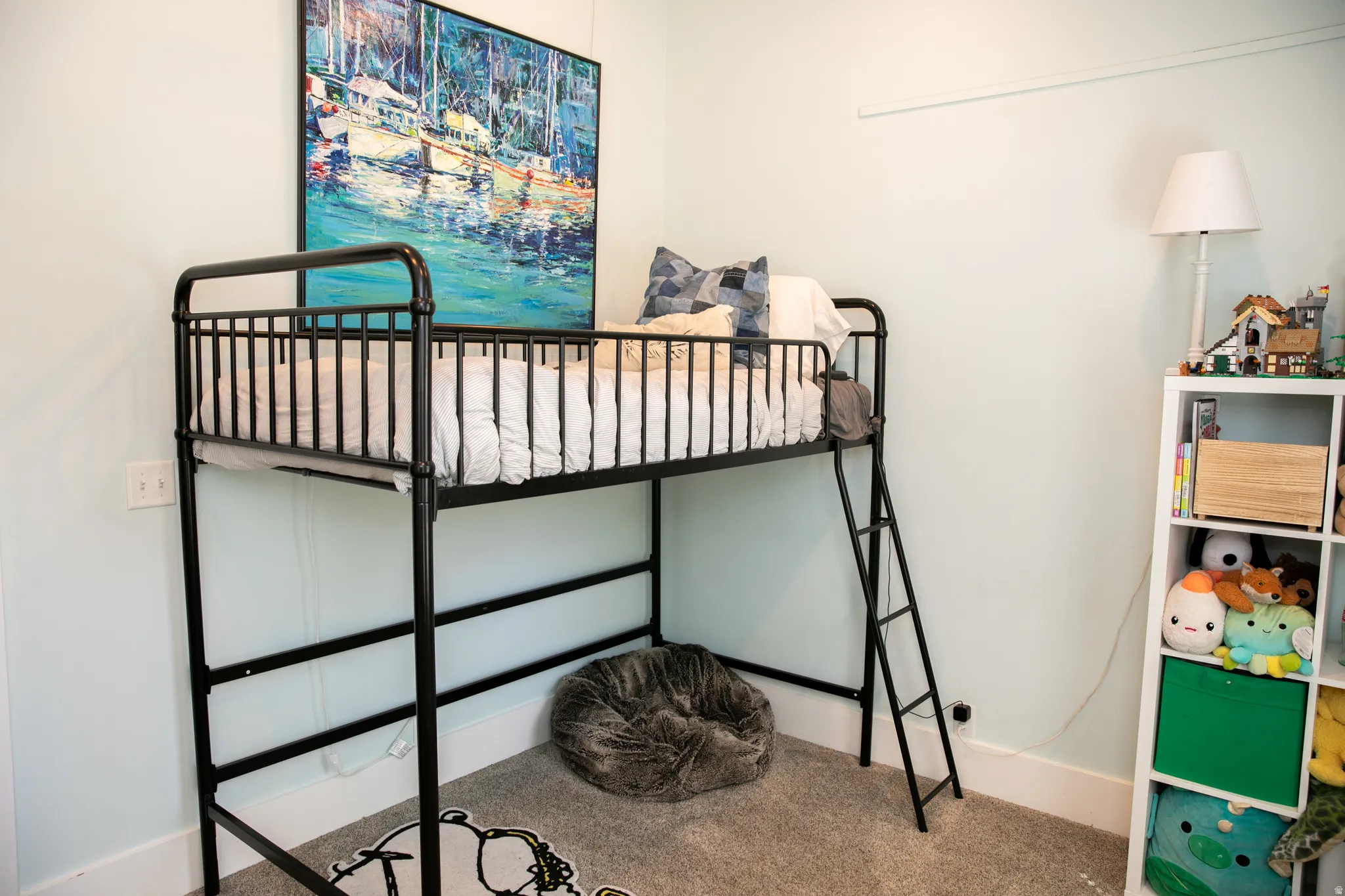 Light blue wall color with white trim