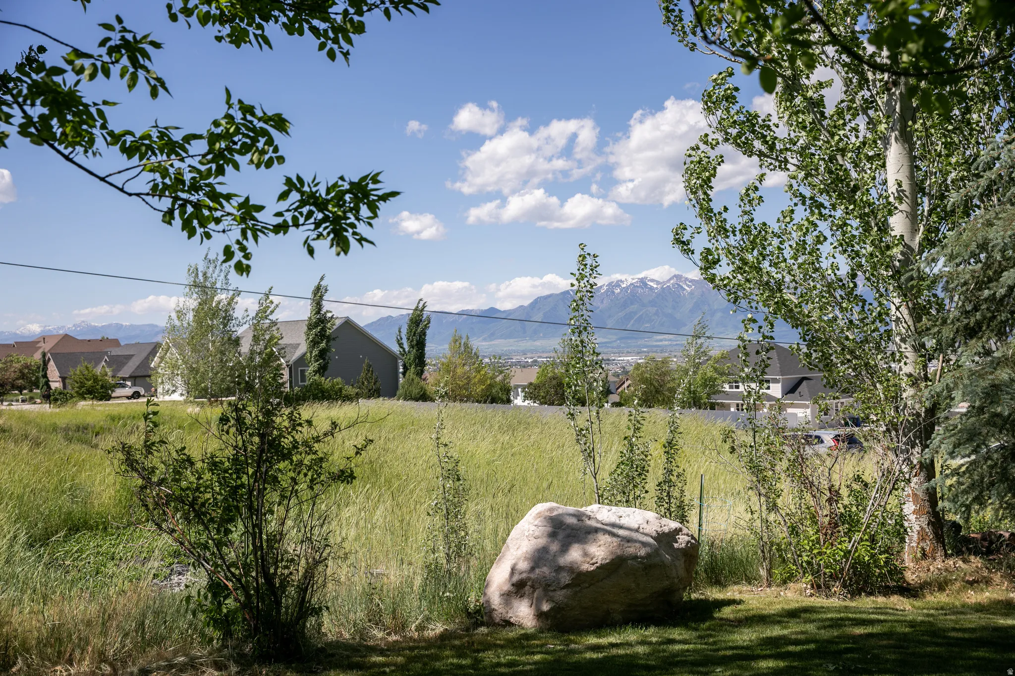 Expansive outdoor space featuring a large natural boulder, verdant foliage, and distant snow-capped mountains
