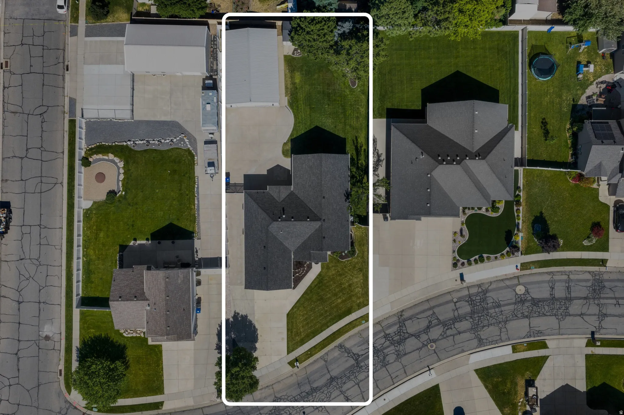 Aerial perspective showcasing parking yard and garage/shop