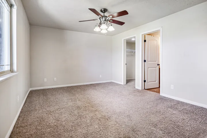 Carpeted room with a ceiling fan, a window, and two paneled doors, one revealing a closet with shelving