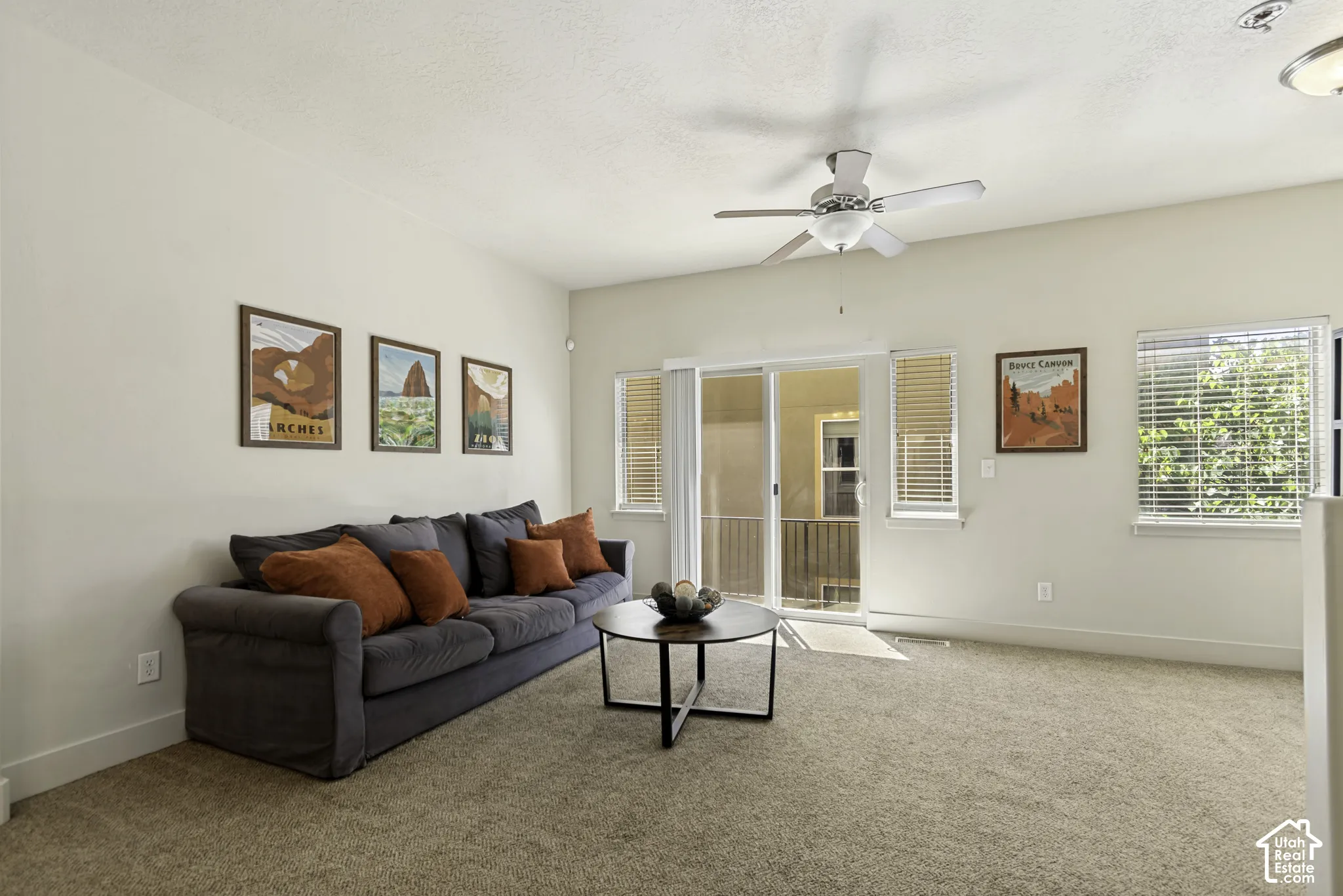Carpeted living space featuring light-toned walls, a ceiling fan, and white trim