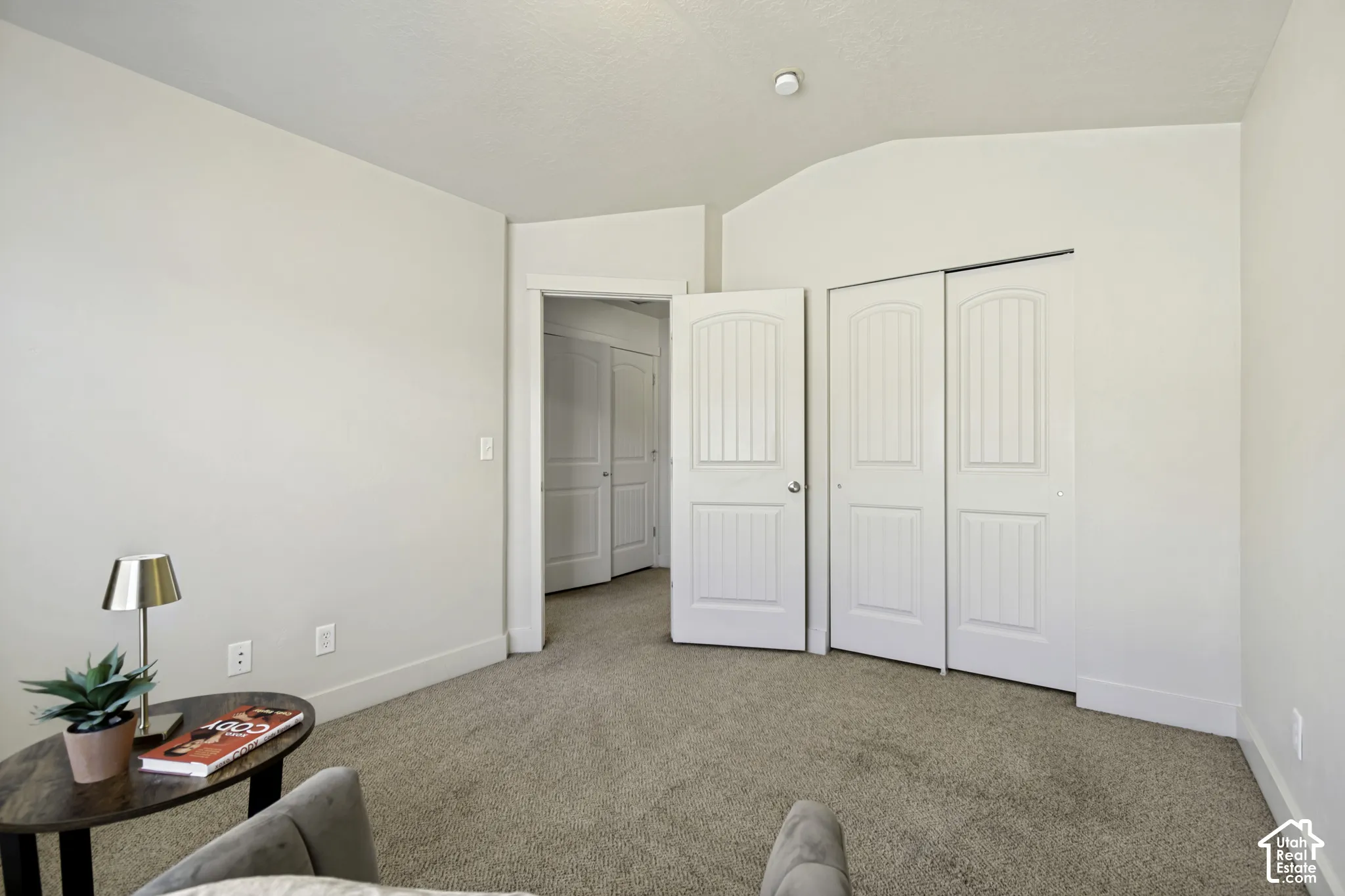 Carpeted interior space featuring neutral wall tones, white trim, a double-door closet with paneling, and an additional interior doorway