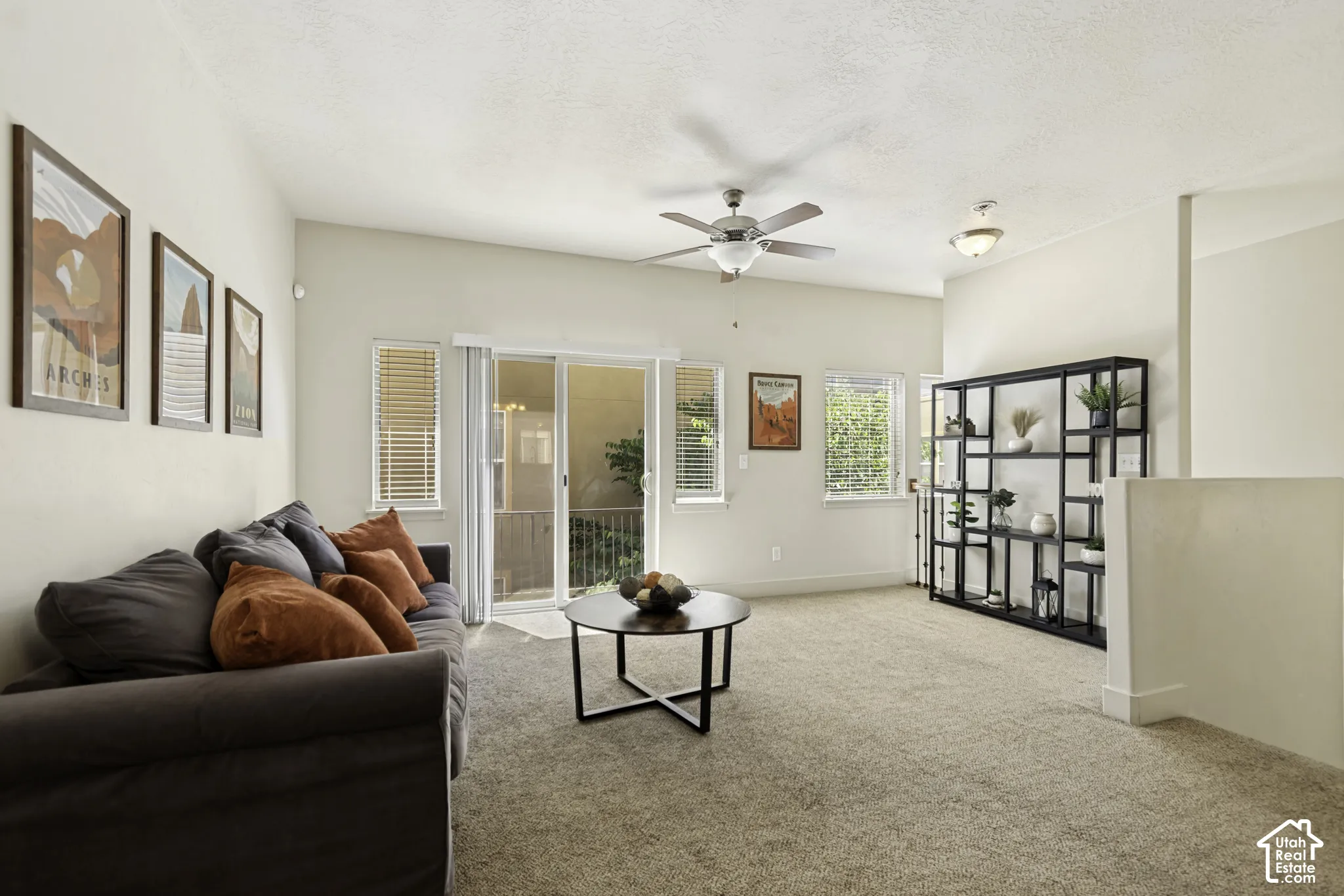 Spacious living area featuring neutral carpeting and light-toned walls