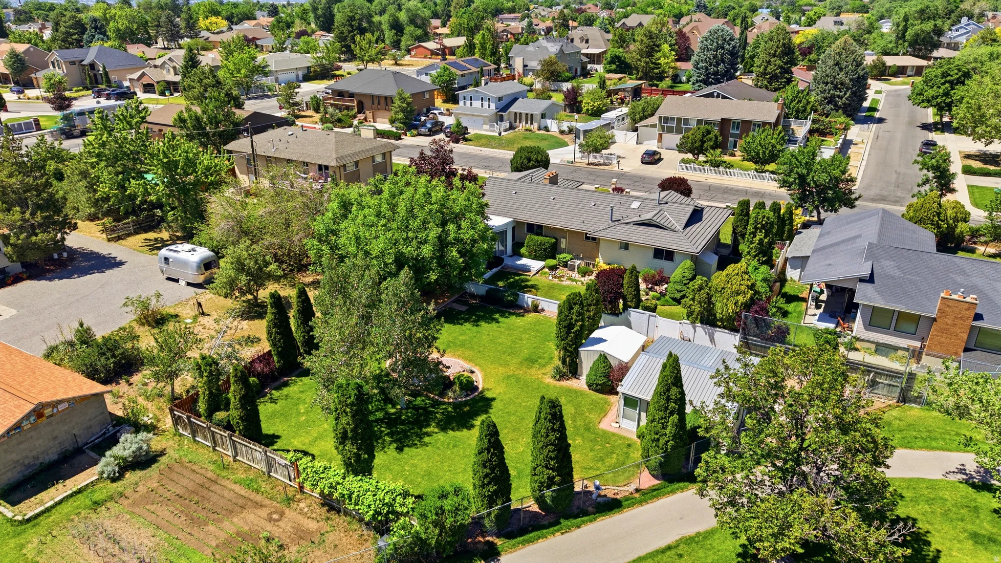Expansive property featuring a large manicured lawn, established trees, and a terraced backyard