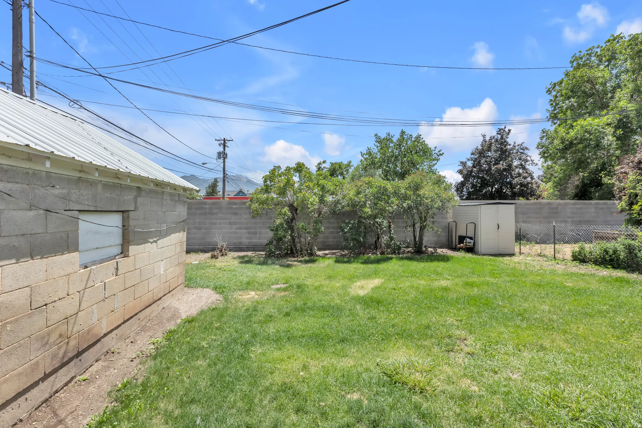 Spacious backyard featuring a manicured lawn, established trees, and a concrete block wall perimeter
