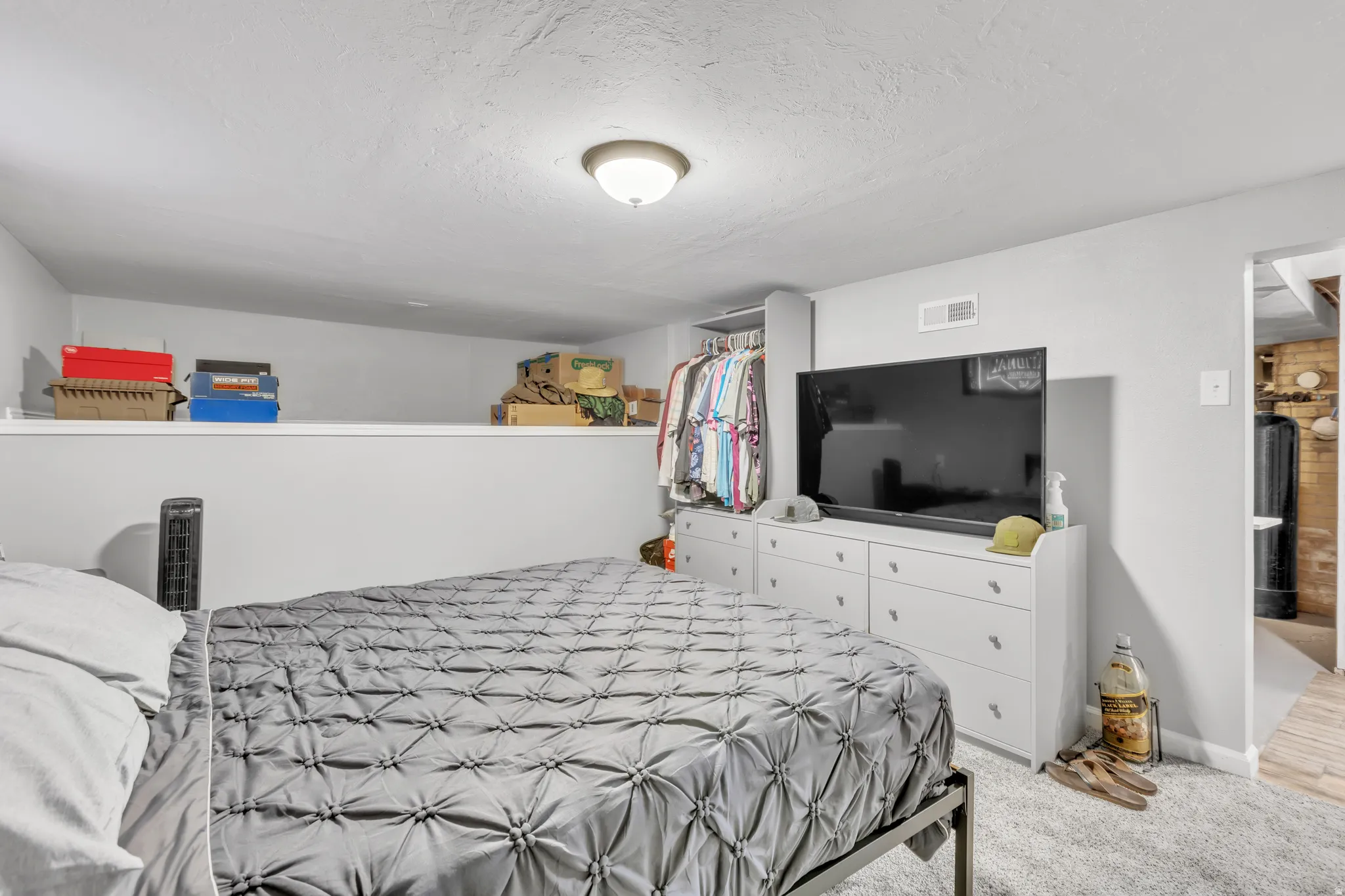 Carpeted room featuring light gray walls and a ceiling-mounted flush light fixture
