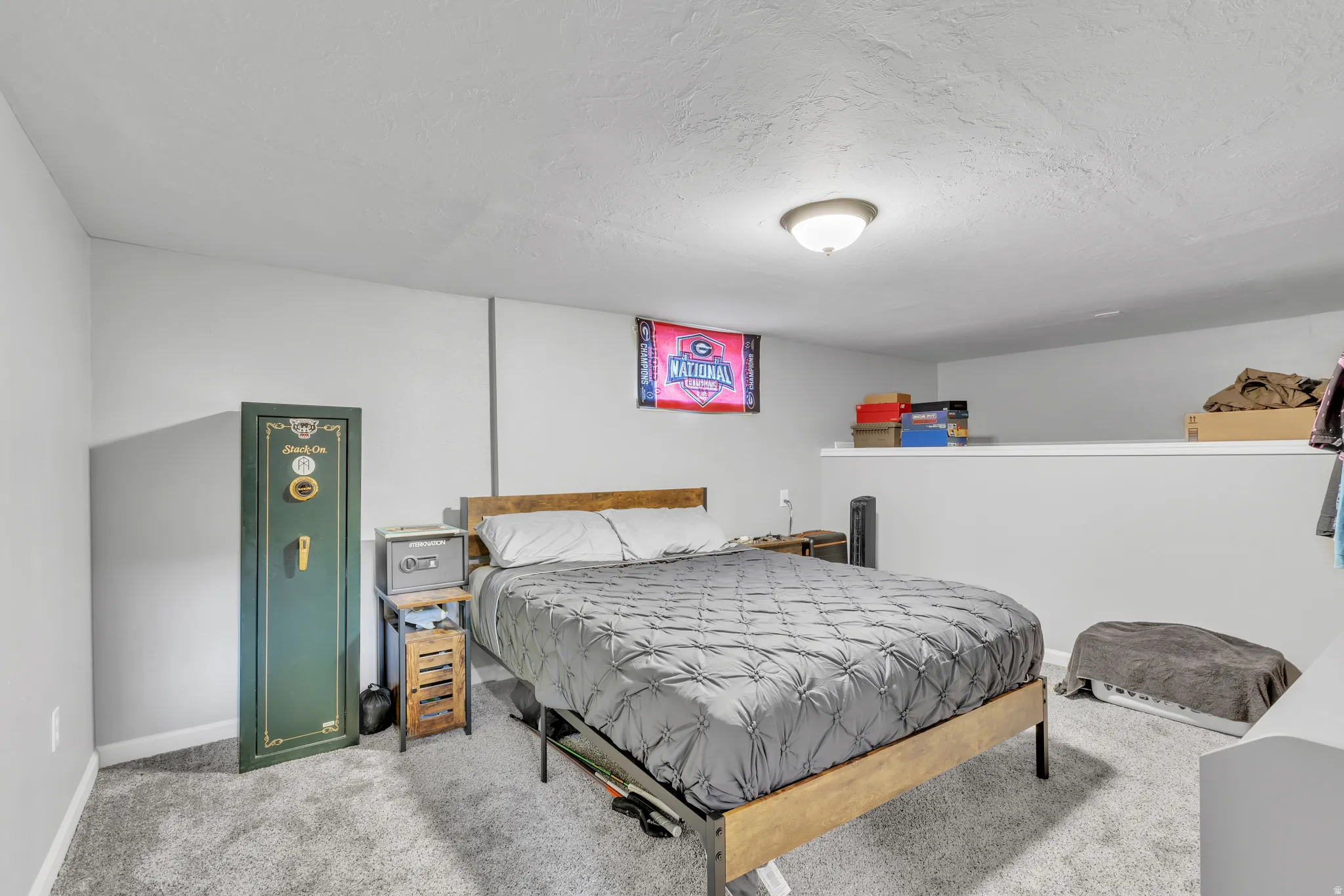 Carpeted room featuring a ceiling-mounted light fixture, light gray walls, a partial wall, and a built-in shelf