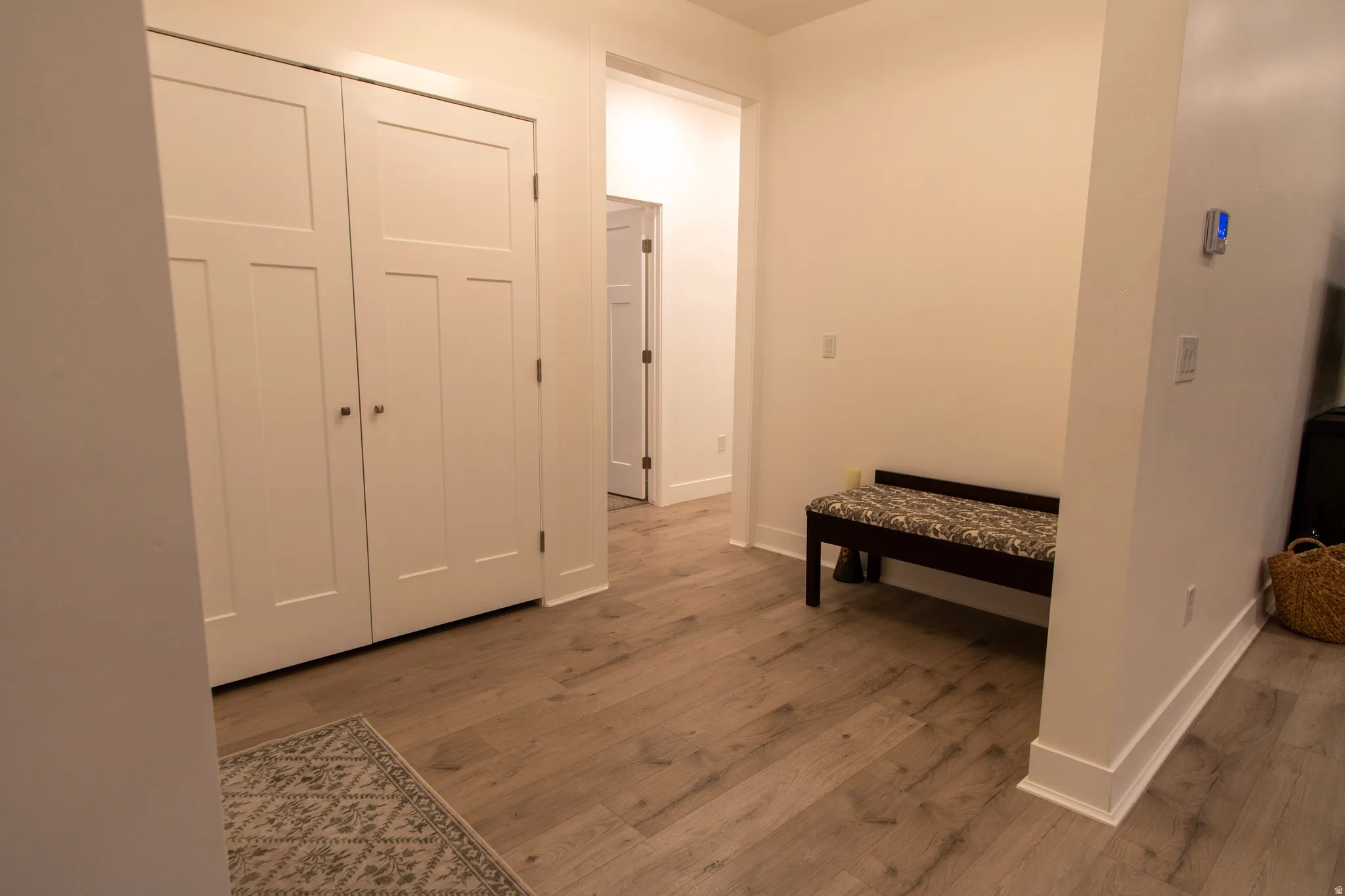 Hallway featuring wood-finish flooring, white trim, and white paneled doors