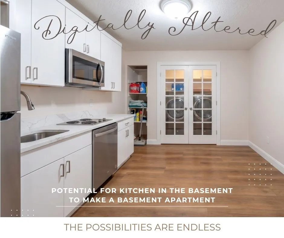 White flat-panel cabinetry, stainless steel appliances, quartz-finish countertops, wood-finish flooring, and double French doors with glass panels
