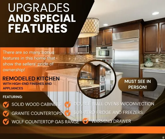 Promotional Material. Highlighting kitchen upgrades and features within the property, including specific appliance details and material specifications