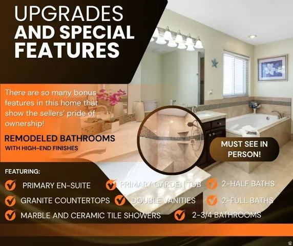 Marketing Flyer. Highlighting property upgrades and features, including renovated bathrooms with specific finishes and fixture counts